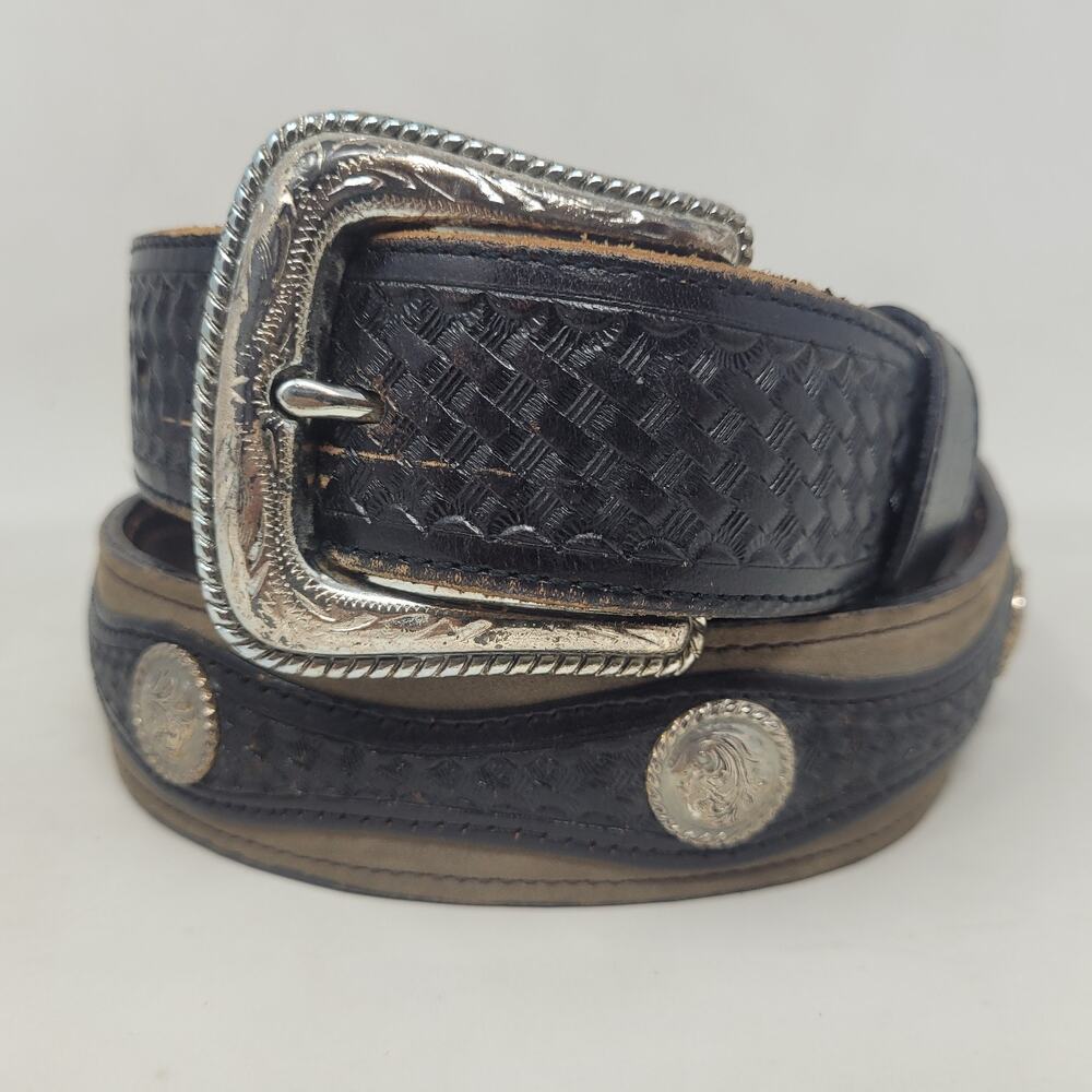 Nocona Belt 36 Brown Suede Leather Concho Basketweave Western Cowboy Tooled